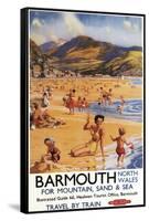 Barmouth, England - Beach Scene Mother and Kids British Rail Poster-Lantern Press-Framed Stretched Canvas