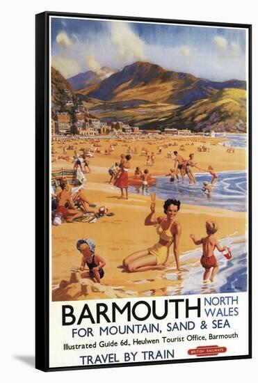 Barmouth, England - Beach Scene Mother and Kids British Rail Poster-Lantern Press-Framed Stretched Canvas