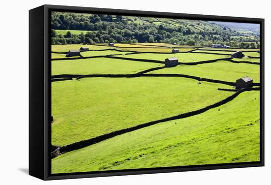 Barn and Dry Stone Walls in Meadows at Gunnerside-Mark Sunderland-Framed Stretched Canvas