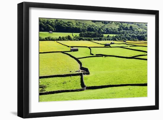 Barn and Dry Stone Walls in Meadows at Gunnerside-Mark Sunderland-Framed Photographic Print