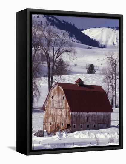 Barn in Winter, Methow Valley, Washington, USA-William Sutton-Framed Stretched Canvas