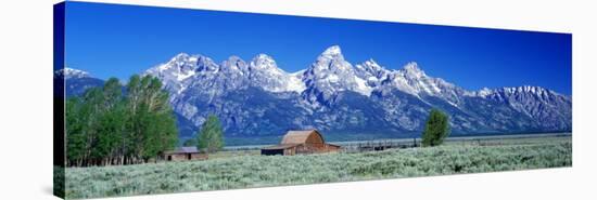 Barn on Plain Before Mountains, Grand Teton National Park, Wyoming, USA-null-Stretched Canvas