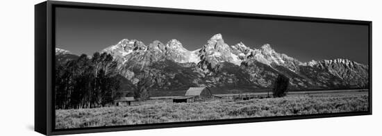 Barn on Plain before Mountains, Grand Teton National Park, Wyoming, USA-null-Framed Stretched Canvas