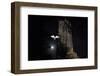 Barn Owl (Tyto Alba) Flying Past the Tower of St James Church with Moon Behind-Ernie Janes-Framed Photographic Print