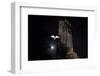 Barn Owl (Tyto Alba) Flying Past the Tower of St James Church with Moon Behind-Ernie Janes-Framed Photographic Print