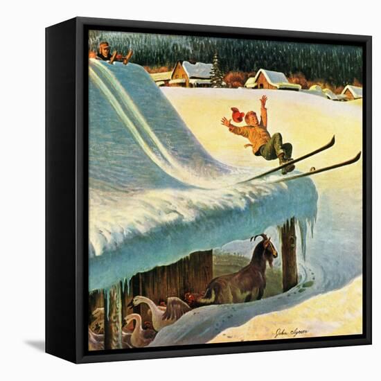 "Barn Skiing", February 17, 1951-John Clymer-Framed Stretched Canvas