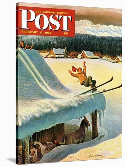 "Barn Skiing" Saturday Evening Post Cover, February 17, 1951-John Clymer-Stretched Canvas