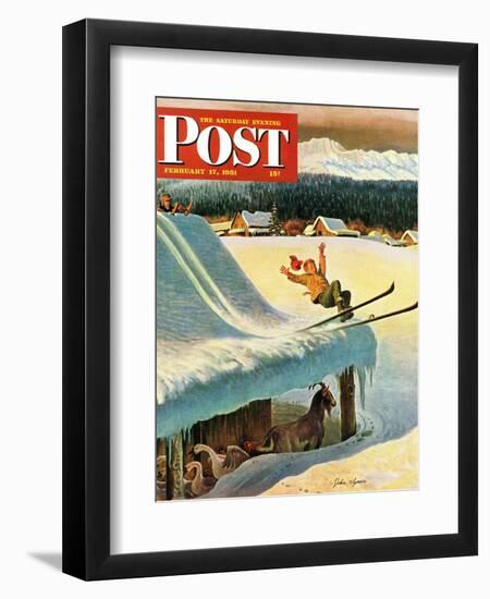 "Barn Skiing" Saturday Evening Post Cover, February 17, 1951-John Clymer-Framed Giclee Print