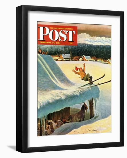 "Barn Skiing" Saturday Evening Post Cover, February 17, 1951-John Clymer-Framed Premium Giclee Print