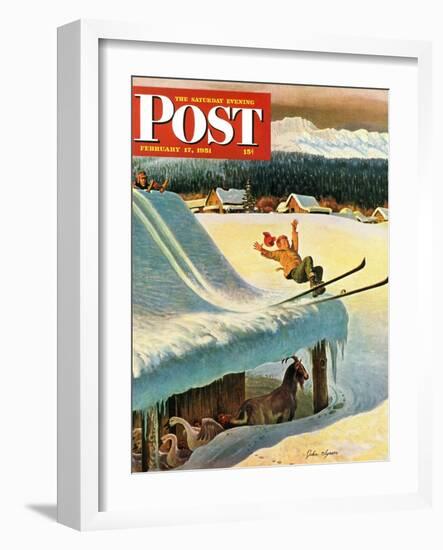 "Barn Skiing" Saturday Evening Post Cover, February 17, 1951-John Clymer-Framed Premium Giclee Print
