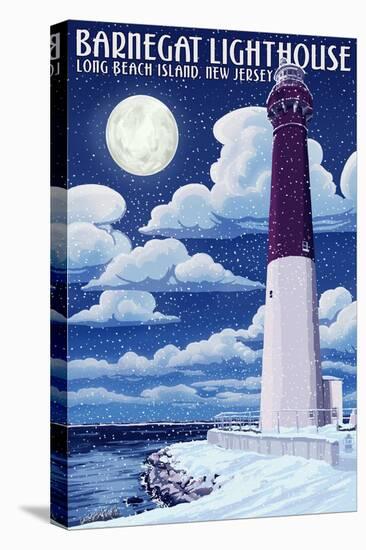 Barnegat Lighthouse - Snow Scene - New Jersey Shore-Lantern Press-Stretched Canvas