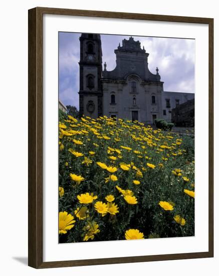 Baroque Style Cathedral and Yellow Daisies, Lipari, Sicily, Italy-Michele Molinari-Framed Photographic Print