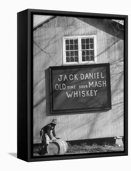 Barrel Being Rolled to Warehouse at Jack Daniels Distillery-Ed Clark-Framed Stretched Canvas