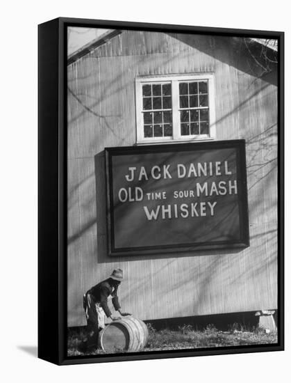 Barrel Being Rolled to Warehouse at Jack Daniels Distillery-Ed Clark-Framed Stretched Canvas