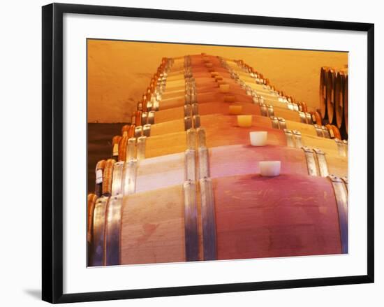 Barrel Cellar for Aging Wines in Oak Casks, Chateau La Grave Figeac, Bordeaux, France-Per Karlsson-Framed Photographic Print