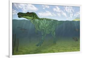 Baryonyx Swimming Amongst Some Lepidotes Fish-null-Framed Art Print