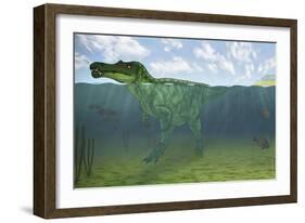 Baryonyx Swimming Amongst Some Lepidotes Fish-null-Framed Art Print