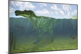 Baryonyx Swimming Amongst Some Lepidotes Fish-null-Mounted Art Print