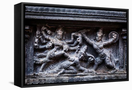 Bas Relief Depicting Durga Slaying Demon (Maheeshasuramardini). Brihadishwara Temple. Tanjore (Than-f9photos-Framed Stretched Canvas