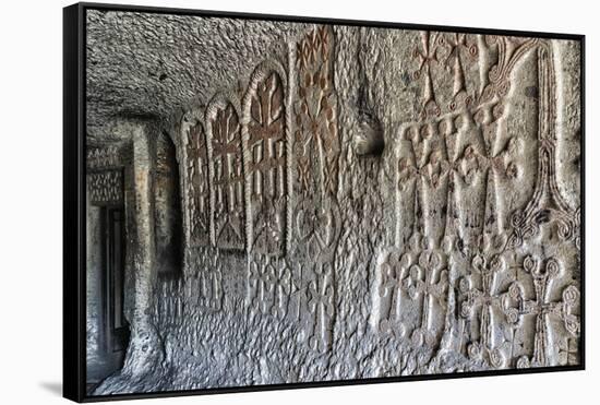 Bas-relief in interior of 4th century Geghard Monastery, UNESCO World Heritage Site, Kotayk Provinc-G&M Therin-Weise-Framed Stretched Canvas