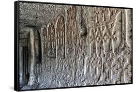 Bas-relief in interior of 4th century Geghard Monastery, UNESCO World Heritage Site, Kotayk Provinc-G&M Therin-Weise-Framed Stretched Canvas