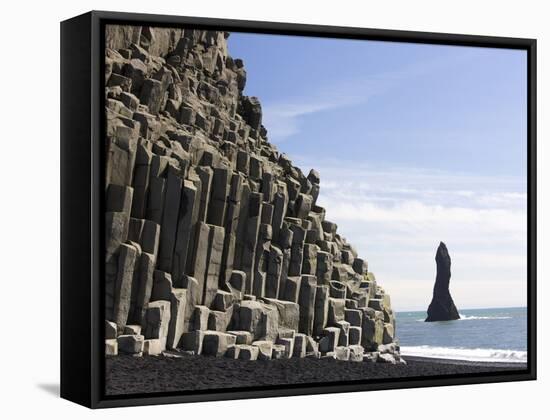 Basalt Cliffs and Rock Stack, Halsenifs Hellir Beach, Near Vik I Myrdal, South Iceland, Iceland-Lee Frost-Framed Stretched Canvas