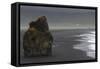 Basalt Column Rises from Black Sand Beach on Rainy Day, Vik, Iceland-Jaynes Gallery-Framed Stretched Canvas