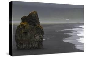 Basalt Column Rises from Black Sand Beach on Rainy Day, Vik, Iceland-Jaynes Gallery-Stretched Canvas