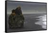 Basalt Column Rises from Black Sand Beach on Rainy Day, Vik, Iceland-Jaynes Gallery-Framed Stretched Canvas