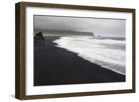 Basalt Column Rises from Black Sand Beach on Rainy Day, Vik, Iceland-Jaynes Gallery-Framed Photographic Print