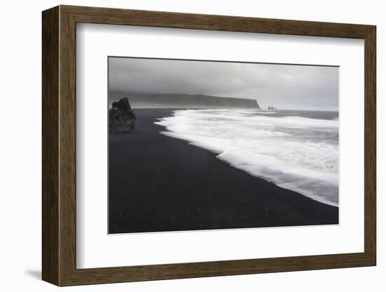 Basalt Column Rises from Black Sand Beach on Rainy Day, Vik, Iceland-Jaynes Gallery-Framed Photographic Print