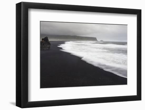 Basalt Column Rises from Black Sand Beach on Rainy Day, Vik, Iceland-Jaynes Gallery-Framed Photographic Print