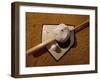 Baseball Bat with a Cap, and a Baseball on the Home Base-null-Framed Photographic Print