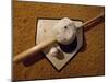 Baseball Bat with a Cap, and a Baseball on the Home Base-null-Mounted Photographic Print