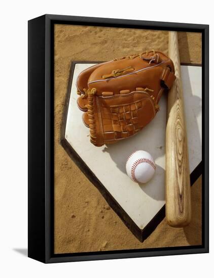 Baseball Bat with a Glove, and a Baseball on the Home Base-null-Framed Stretched Canvas