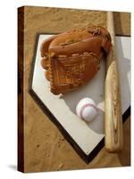 Baseball Bat with a Glove, and a Baseball on the Home Base-null-Stretched Canvas