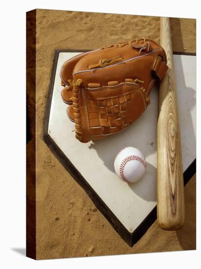 Baseball Bat with a Glove, and a Baseball on the Home Base-null-Stretched Canvas