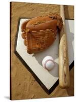 Baseball Bat with a Glove, and a Baseball on the Home Base-null-Stretched Canvas