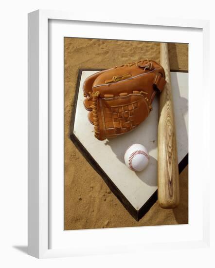 Baseball Bat with a Glove, and a Baseball on the Home Base-null-Framed Photographic Print