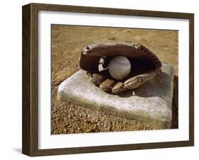 Baseball in a Baseball Glove on a Base-null-Framed Premium Photographic Print