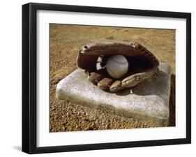 Baseball in a Baseball Glove on a Base-null-Framed Premium Photographic Print