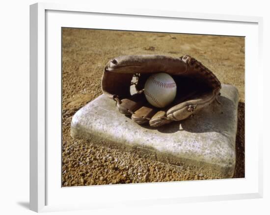 Baseball in a Baseball Glove on a Base-null-Framed Photographic Print