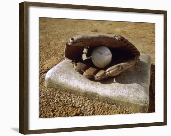 Baseball in a Baseball Glove on a Base-null-Framed Photographic Print