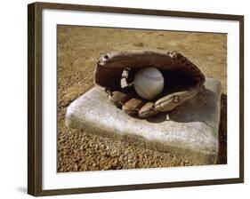 Baseball in a Baseball Glove on a Base-null-Framed Photographic Print