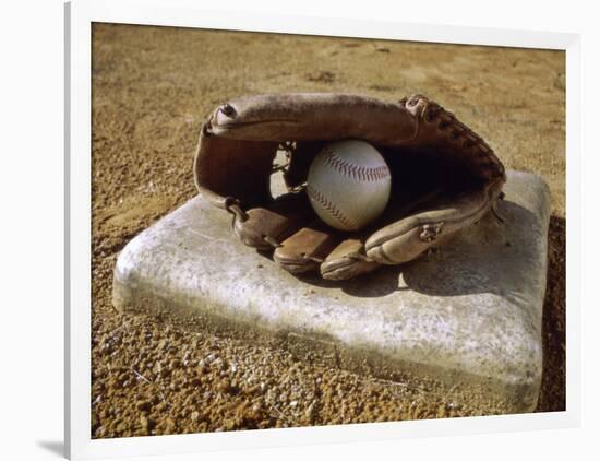 Baseball in a Baseball Glove on a Base-null-Framed Photographic Print