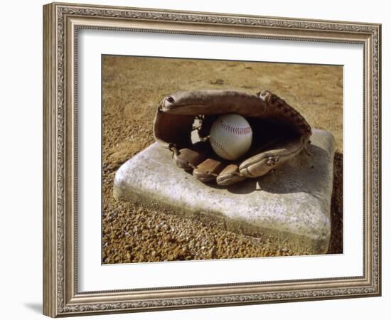 Baseball in a Baseball Glove on a Base-null-Framed Photographic Print