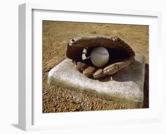 Baseball in a Baseball Glove on a Base-null-Framed Photographic Print