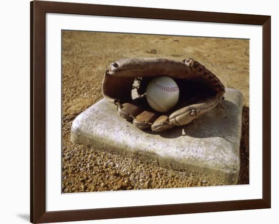 Baseball in a Baseball Glove on a Base-null-Framed Photographic Print