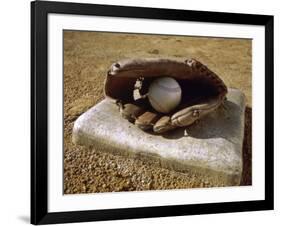 Baseball in a Baseball Glove on a Base-null-Framed Photographic Print