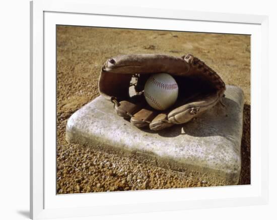 Baseball in a Baseball Glove on a Base-null-Framed Photographic Print